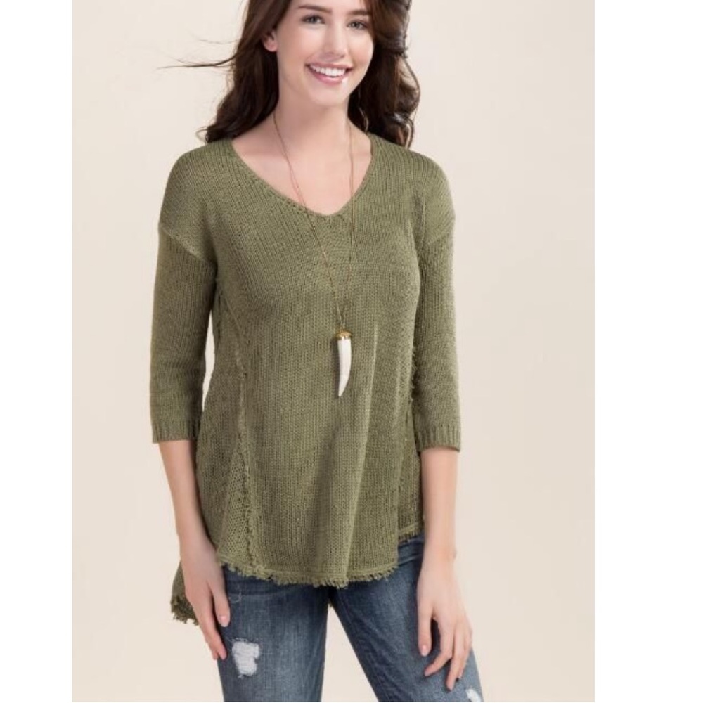Francesca’s Finge Trim V-Neck  Pullover Sweater